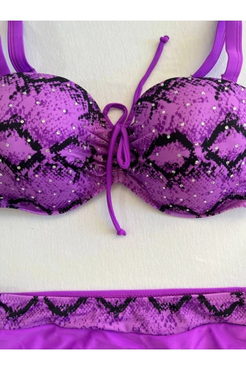 Kadın Lila Siyah Desenli Taş İşlemeli Toparlayıcı Bikini Takım HZL25S-LC3333