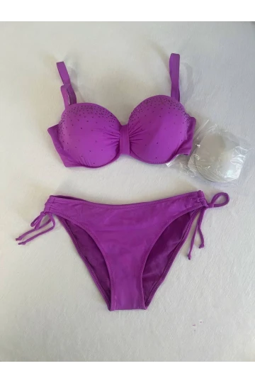 Kadın Lila Taş İşlemeli 3 Parça Bikini Takım HZL25S-LC3315
