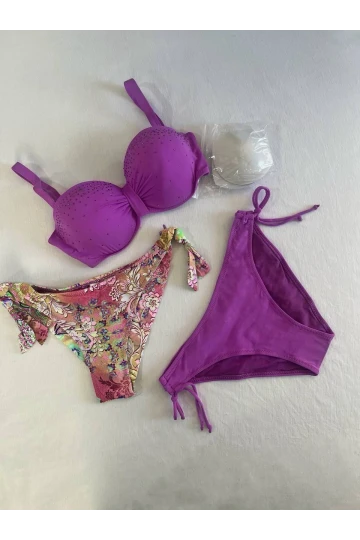Kadın Lila Taş İşlemeli 3 Parça Bikini Takım HZL25S-LC3315