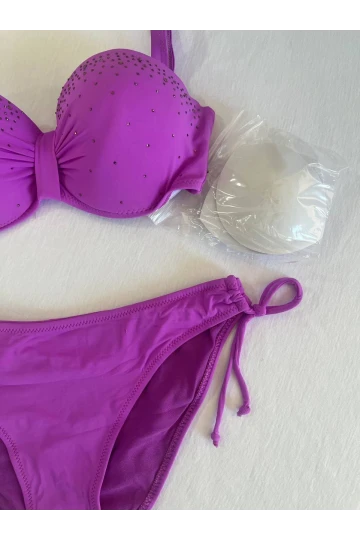 Kadın Lila Taş İşlemeli 3 Parça Bikini Takım HZL25S-LC3315