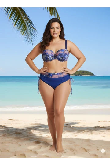 Kadın Mavi Çiçek Desenli Astarlı Lacivert Büyük Beden Bikini Takım HZL25S-LC3301