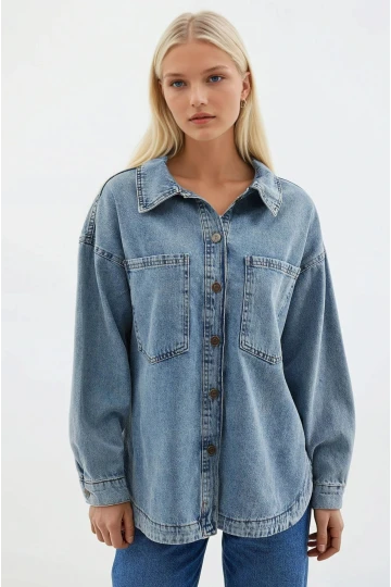 Kadın Mavi Çift Cepli Önden Düğmeli Jean Ceket HZL25S-BD106941