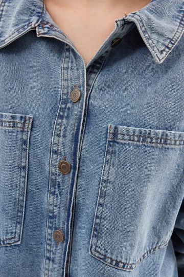 Kadın Mavi Çift Cepli Önden Düğmeli Jean Ceket HZL25S-BD106941