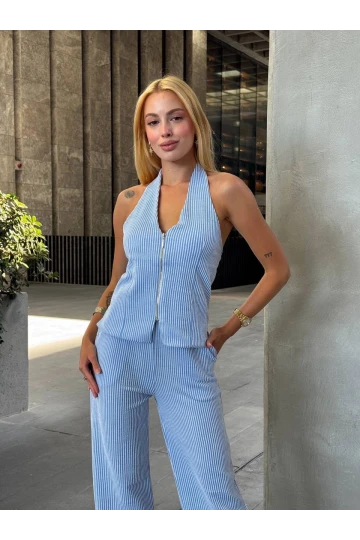 Kadın Mavi Çizgili Önü Fermuarlı Bluz Pantolon İkili Takım HZL25S-ZK13691