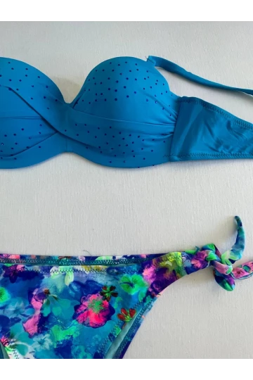Kadın Mavi Taş İşlemeli Desenli Astarlı Bikini Takım HZL25S-LC203