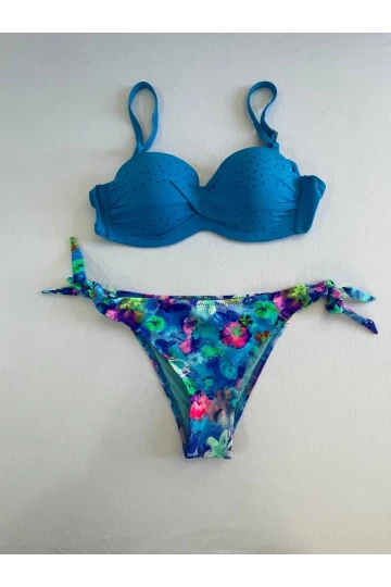 Kadın Mavi Taş İşlemeli Desenli Astarlı Bikini Takım HZL25S-LC203