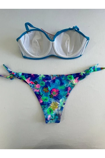 Kadın Mavi Taş İşlemeli Desenli Astarlı Bikini Takım HZL25S-LC203