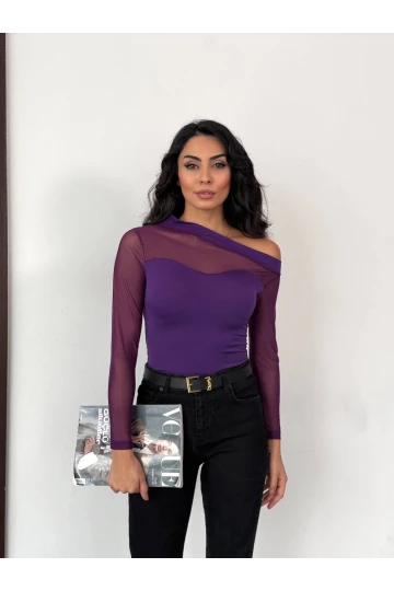 Kadın Mor Tül Garnili Uzun Kol Şık Rahat Bluz HZL25W-FRY123541