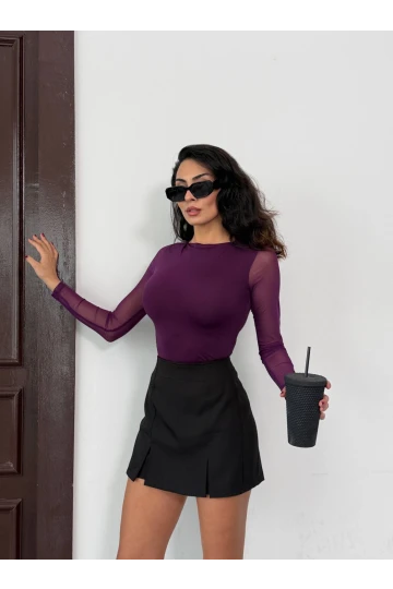 Kadın Mor Uzun Tül Kol Sandy Bluz HZL25W-FRY122521