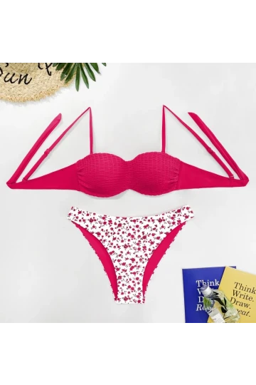 Kadın Mürdüm Beyaz Çiçek Desenli Bikini Takım HZL25S-LC211