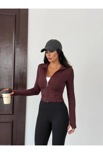 Kadın Mürdüm Dalgıç Kumaş Fermuar Kapamalı Parmak Geçirmeli Sweatshirt HZL25W-FRY123441