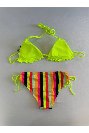 Kadın Neon Sarı Renk Desenli Boyundan Bağlamalı Bikini Takım HZL25S-LC3350