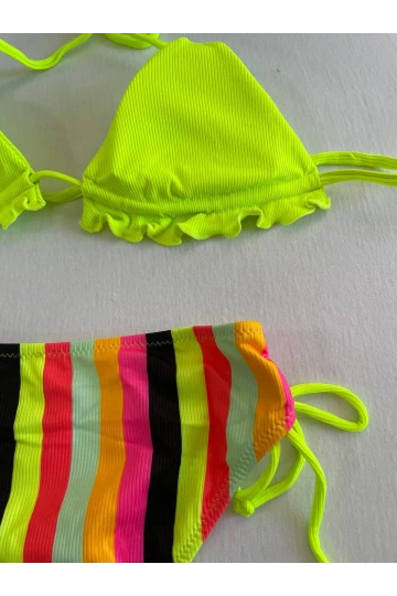 Kadın Neon Sarı Renk Desenli Boyundan Bağlamalı Bikini Takım HZL25S-LC3350