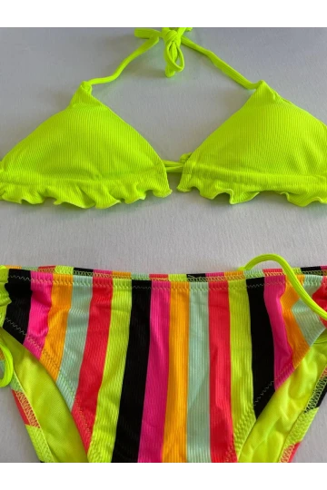 Kadın Neon Sarı Renk Desenli Boyundan Bağlamalı Bikini Takım HZL25S-LC3350
