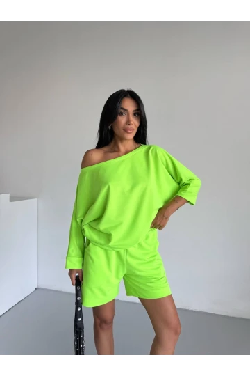 Kadın Neon Yeşil 2 İplik Kayık Yaka Bluz Şort Alt Üst Takım HZL25S-120511