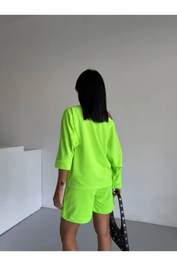 Kadın Neon Yeşil 2 İplik Kayık Yaka Bluz Şort Alt Üst Takım HZL25S-120511