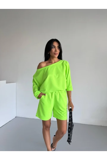 Kadın Neon Yeşil 2 İplik Kayık Yaka Bluz Şort Alt Üst Takım HZL25S-120511