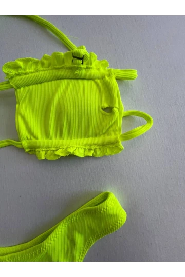 Kadın Neon Yeşil İp Bağlamalı Büzgülü Straplez Bikini Takım HZL25S-LC2226