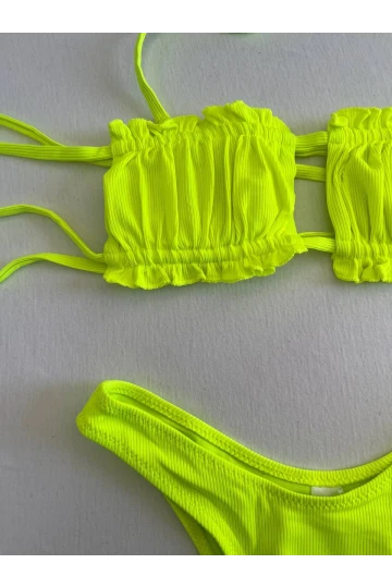 Kadın Neon Yeşil İp Bağlamalı Büzgülü Straplez Bikini Takım HZL25S-LC2226