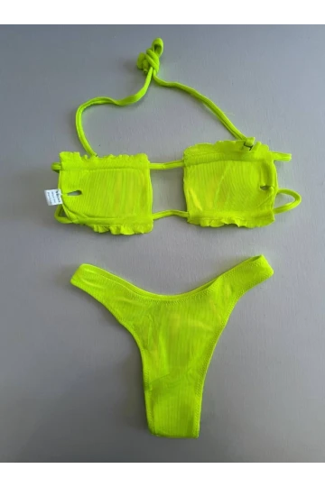 Kadın Neon Yeşil İp Bağlamalı Büzgülü Straplez Bikini Takım HZL25S-LC2226
