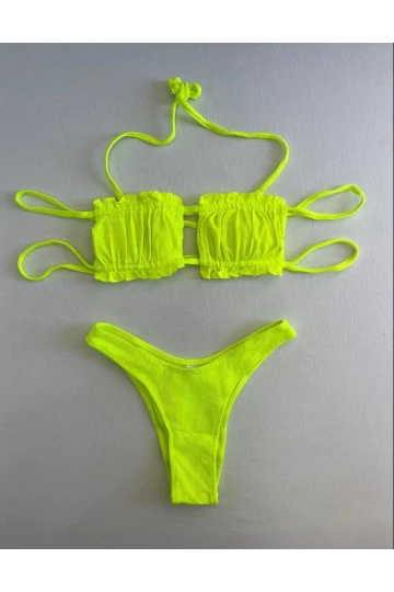 Kadın Neon Yeşil İp Bağlamalı Büzgülü Straplez Bikini Takım HZL25S-LC2226