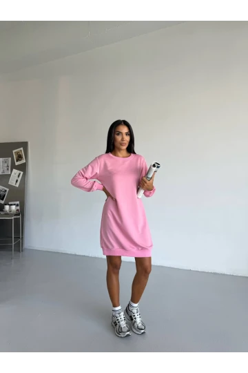 Kadın Pembe Bisiklet Yaka 2 iplik Günlük Rahat Elbise HZL25W-FRY123451
