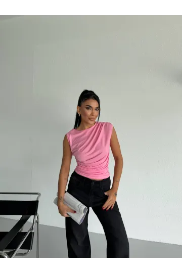 Kadın Pembe Büzgülü Kolsuz Sandy Bluz HZL26W-FRY122751