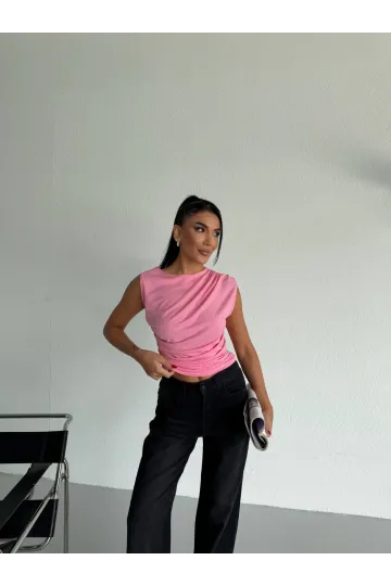 Kadın Pembe Büzgülü Kolsuz Sandy Bluz HZL26W-FRY122751
