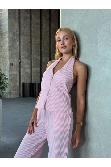 Kadın Pembe Çizgili Önü Fermuarlı Bluz Pantolon İkili Takım HZL25S-ZK13691