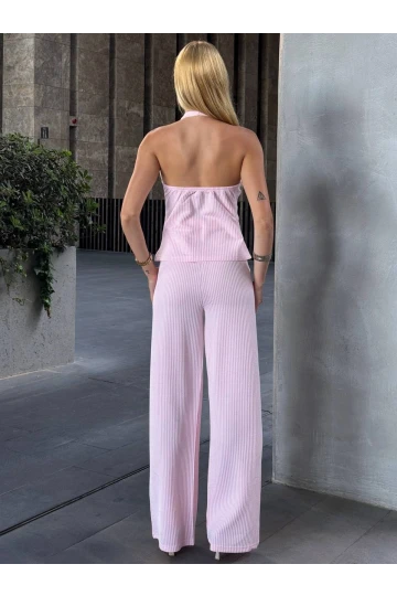 Kadın Pembe Çizgili Önü Fermuarlı Bluz Pantolon İkili Takım HZL25S-ZK13691