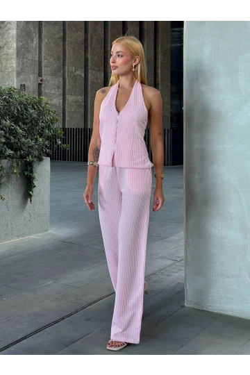 Kadın Pembe Çizgili Önü Fermuarlı Bluz Pantolon İkili Takım HZL25S-ZK13691