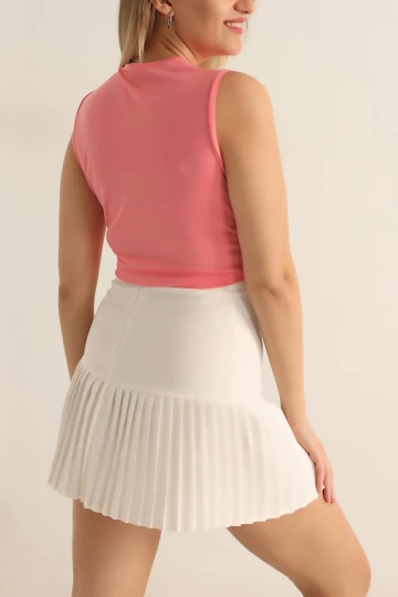 Kadın Pembe Önü Düğümlü Bisiklet Yaka Sıfır Kol Likralı Crop Bluz HZL23S-SND120181