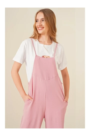 Kadın Pudra Ayarlanabilir Askılı Cepli Bol Paça Bahçıvan Tulum HZL22S-BD170191