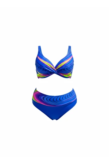 Kadın Saks Mavi Desenli Yüksel Bel Astarlı Büyük Beden Bikini Takımı HZL25S-LC22315-5
