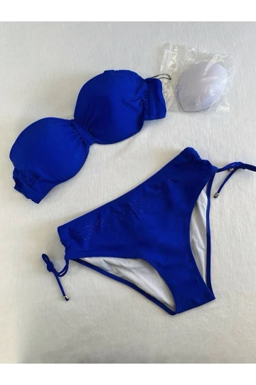 Kadın Saks Mavi Taş İşlemeli Astarlı Bikini Takım HZL25S-LC3361