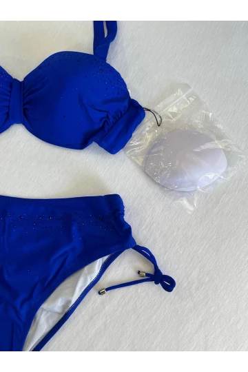 Kadın Saks Mavi Taş İşlemeli Astarlı Bikini Takım HZL25S-LC3361