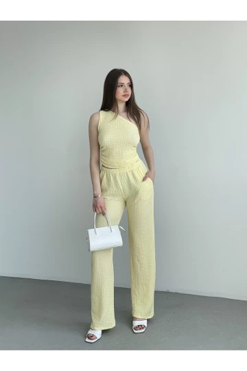 Kadın Sarı Beli Lastilkli Gofre Kumaş Pantolon HZL24S-ZK13261