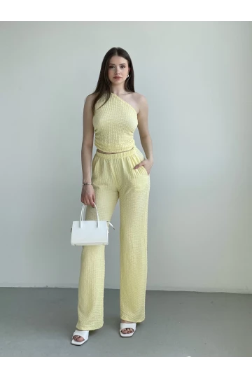 Kadın Sarı Gofre Kumaş Tek Omuz Bluz HZL25S-ZK13271