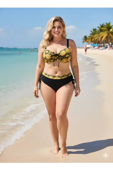 Kadın Sarı Siyah Desenli Taş İşlemeli Toparlayıcı Büyük Beden Bikini Takım HZL25S-LC3333