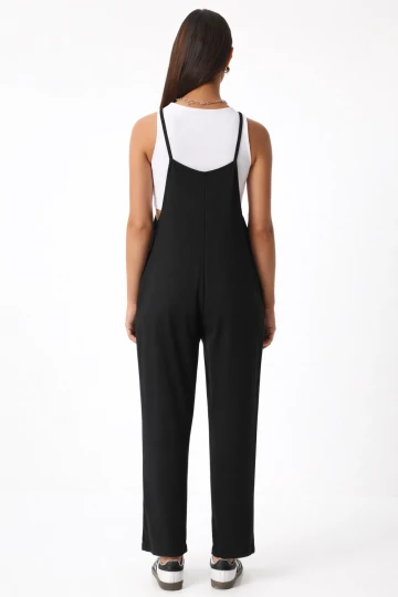 Kadın Siyah Ayarlanabilir Askılı Cepli Bol Paça Bahçıvan Tulum HZL22S-BD170191