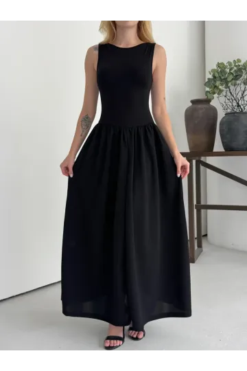 Kadın Siyah Bisiklet Yaka Üstü Esnek Viskon Alt Geniş Poplin Dokuma Kolsuz Elbise HZL26W-DSB1221