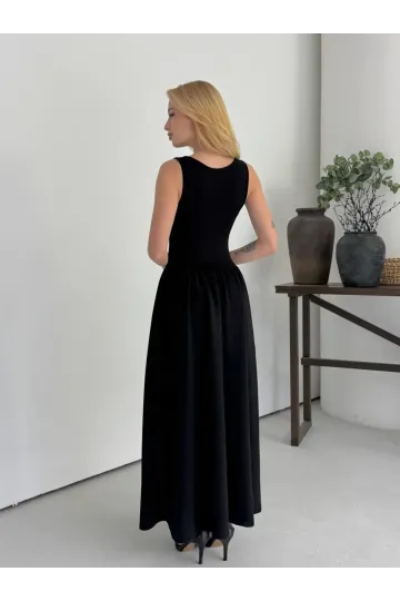 Kadın Siyah Bisiklet Yaka Üstü Esnek Viskon Alt Geniş Poplin Dokuma Kolsuz Elbise HZL26W-DSB1221