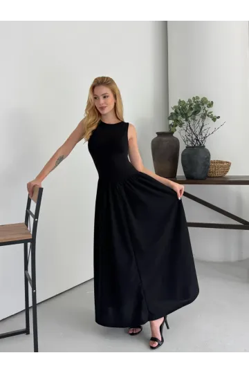 Kadın Siyah Bisiklet Yaka Üstü Esnek Viskon Alt Geniş Poplin Dokuma Kolsuz Elbise HZL26W-DSB1221