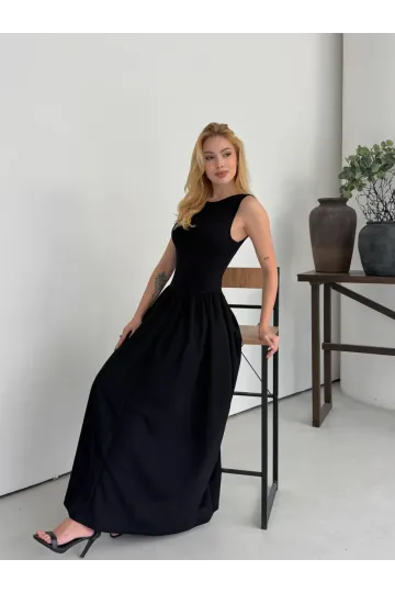 Kadın Siyah Bisiklet Yaka Üstü Esnek Viskon Alt Geniş Poplin Dokuma Kolsuz Elbise HZL26W-DSB1221