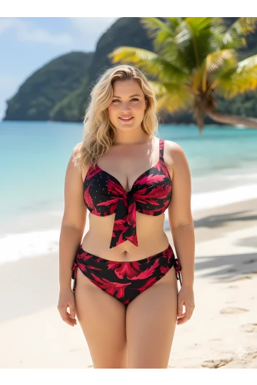 Kadın Siyah Bordo Taş İşlemeli Büyük Beden Bikini Takım HZL25S-LC3337