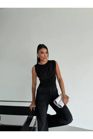 Kadın Siyah Büzgülü Kolsuz Sandy Bluz HZL26W-FRY122751