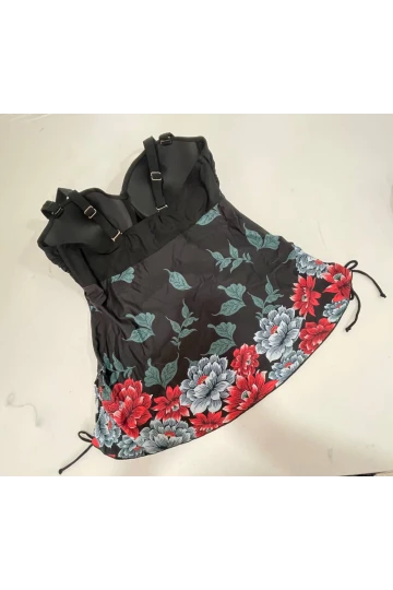 Kadın Siyah Çiçek Desenli Elbise Model  Slipli Tankini HZL24S-LC4009