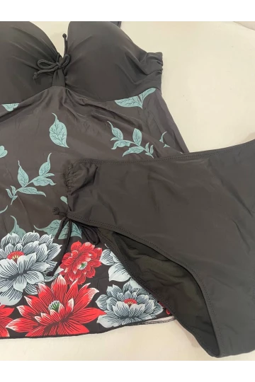 Kadın Siyah Çiçek Desenli Elbise Model  Slipli Tankini HZL24S-LC4009