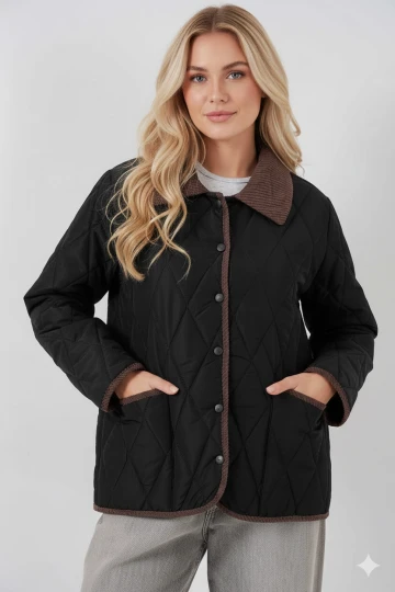 Kadın Siyah Çıt Çıt Kapamalı Kadife Detaylı Kapitone Mont HZL25W-BD152261