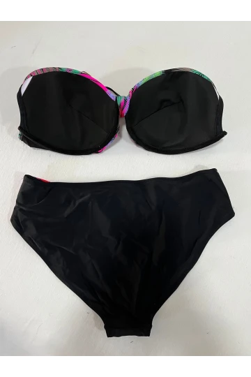 Kadın Siyah Çok Renk Desenli  Astarlı Büyük Beden Bikini Takımı HZL25S-LC06